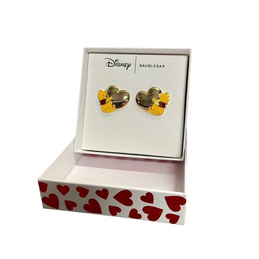 Disney Baublebar Winnie the Pooh Hugging Gold Tone Heart Earrings, Ltd Edition